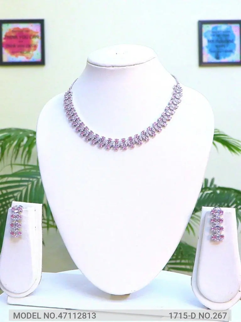 Pink Hydrostone & CZ Necklace Set | 24K Rhodium Plated Silver Indian Fashions