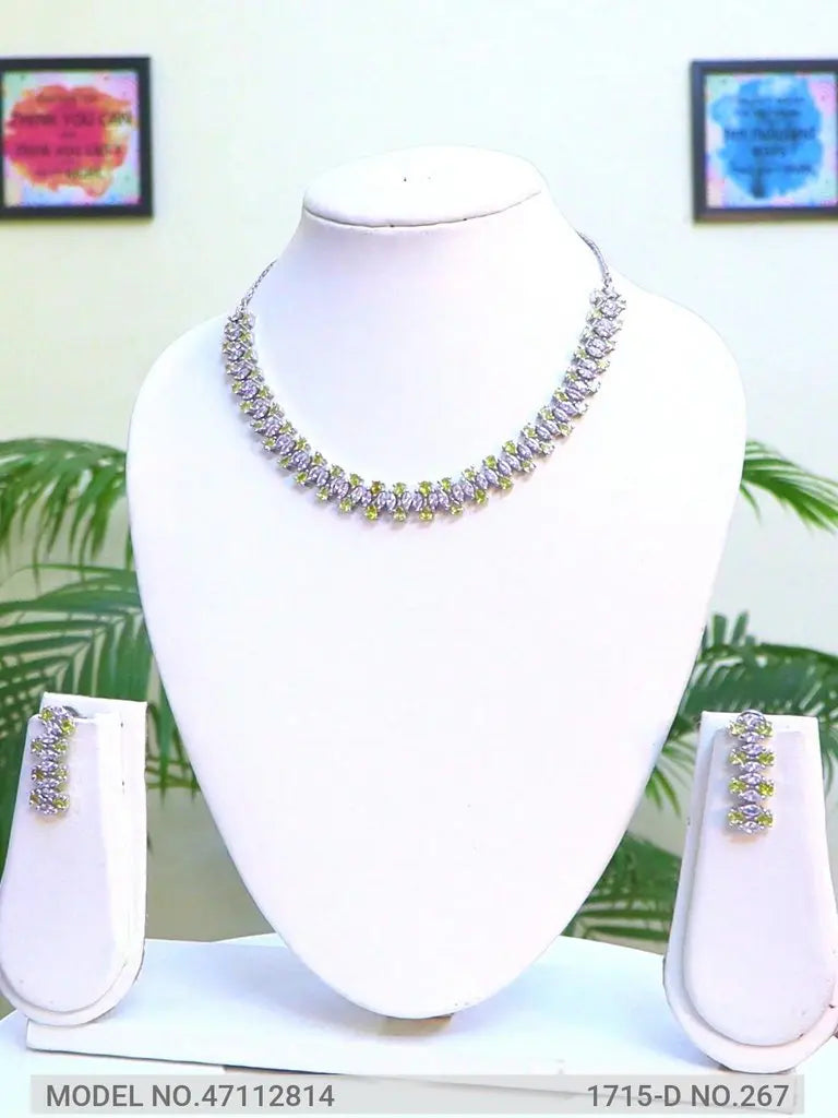 Peridot Hydrostone & CZ Necklace Set | 24K Rhodium Plated Silver Indian Fashions