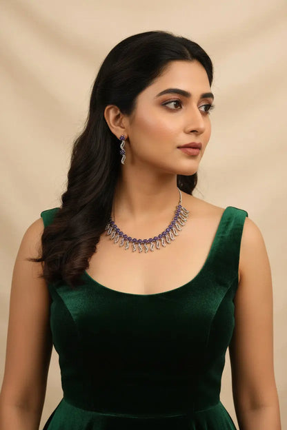 Wedding Occasions nice choker set all Sapphire with flower and leaf design with CZ's - Deepika's Adornments