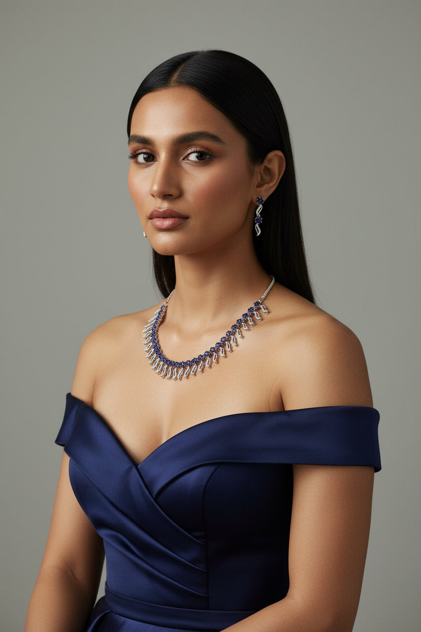 Blue Sapphire Hydrostone and leaf design CZ Choker Necklace Set | 24K Rhodium Plated Indian Fashions