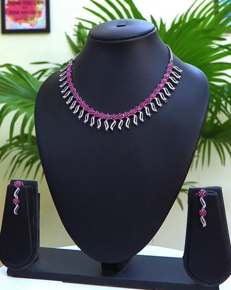 Ruby & CZ Floral Leaf Choker Necklace Set | 24K Rhodium Plated Silver Indian Fashions