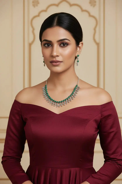 Wedding Occasions nice choker set all emerald with flower and leaf design with CZ's - Deepika's Adornments