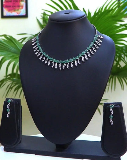 Emerald & CZ Floral Leaf Choker Necklace Set | 24K Rhodium Plated Silver Indian Fashions