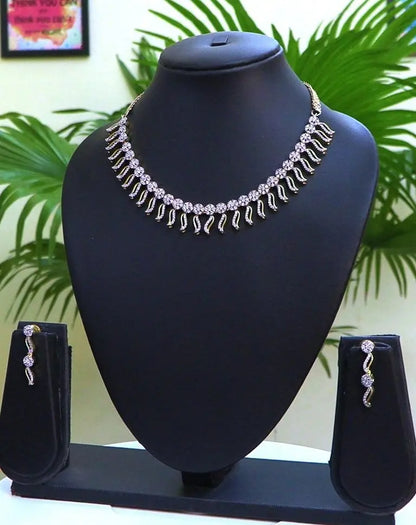 Clear CZ Floral & Leaf Choker Necklace Set | 24K Rhodium Plated Silver Indian Fashions
