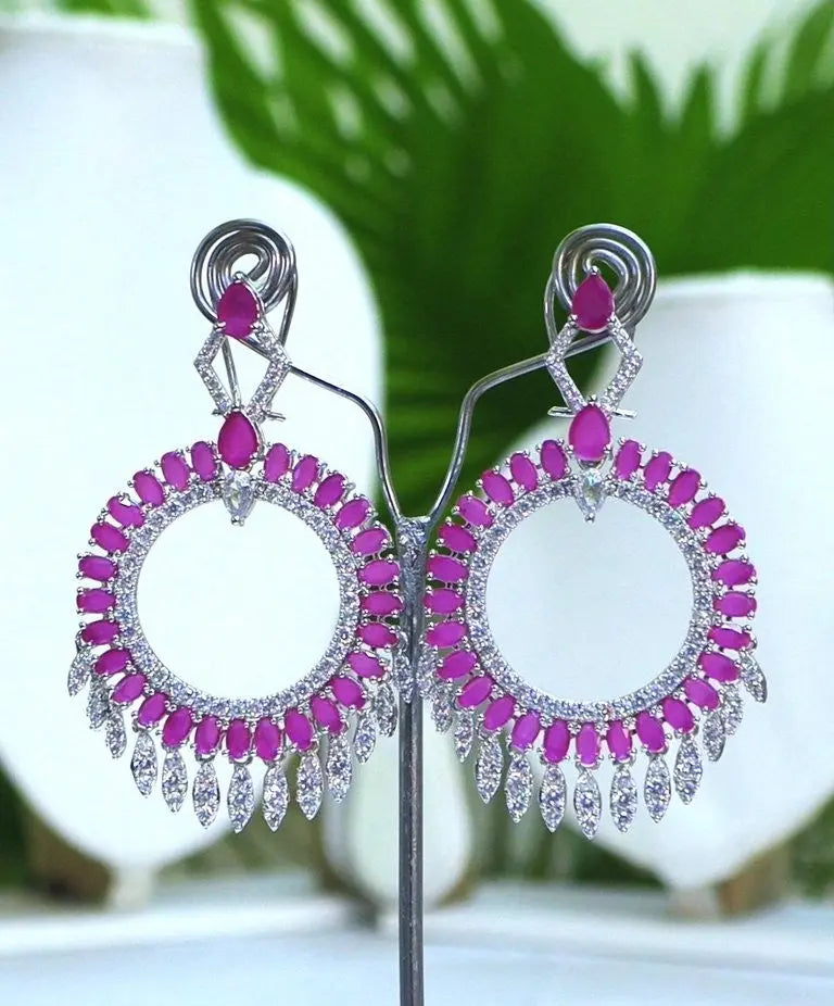Ruby Round Statement Earrings with CZ Danglers – 24CT Rhodium Plated Indian Fashions