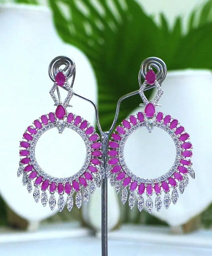 Ruby Round Statement Earrings with CZ Danglers – 24CT Rhodium Plated Indian Fashions