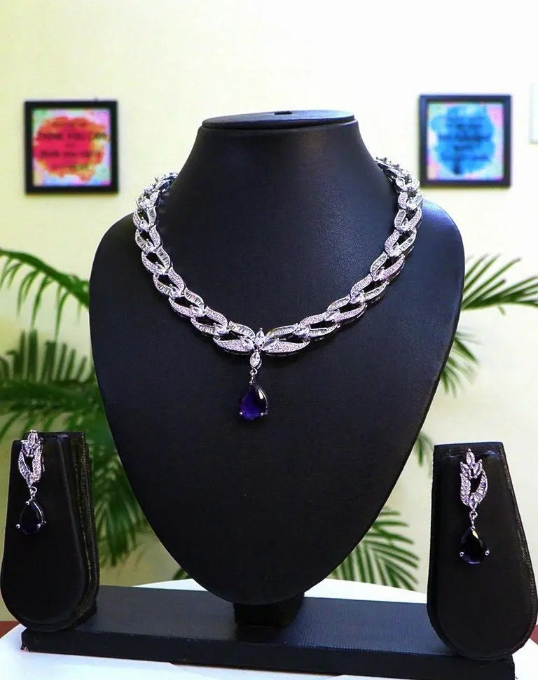 Midnight Purple & CZ Statement Necklace Set | Buggett Design | 24K Rhodium Silver Indian Fashions