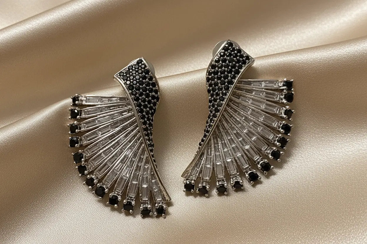 Black CZ Statement Earrings – AAA Star-Cut Stones with 24CT Gold & Rhodium Plating Indian Fashions