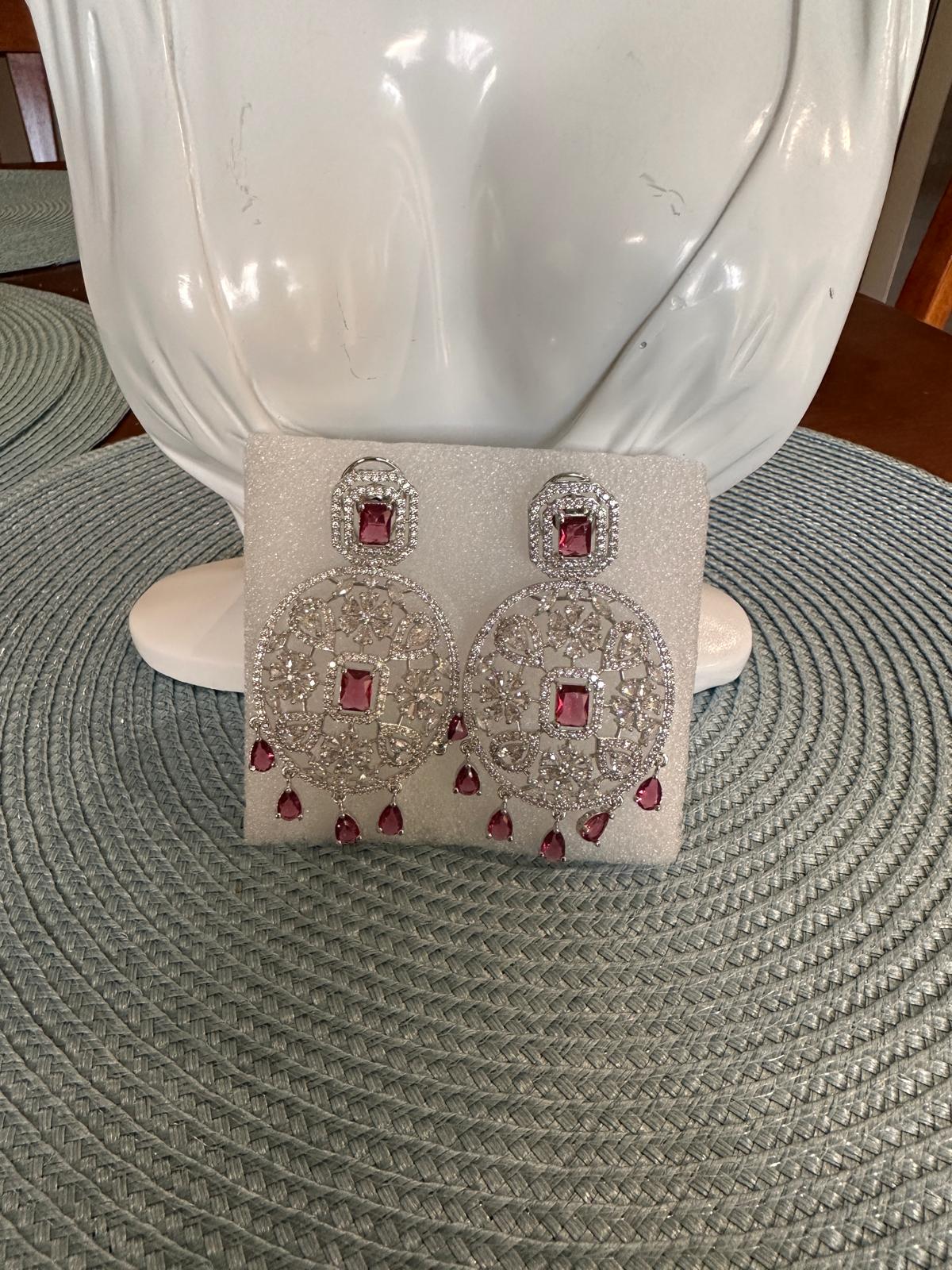 Statement CZ Earrings-Red Silver