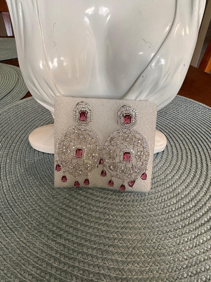 Statement CZ Earrings-Red Silver