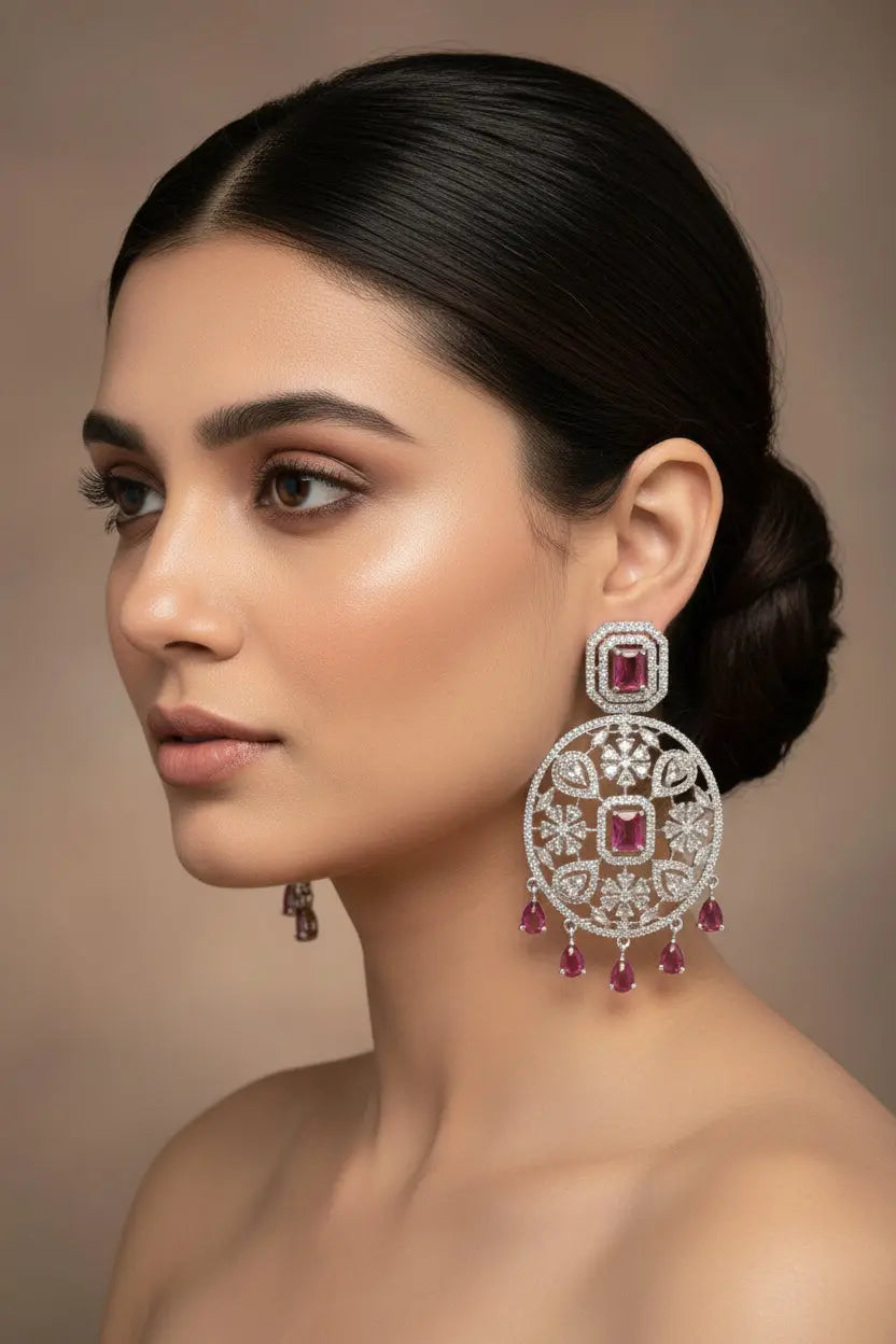 Red & Silver Oval CZ Statement Earrings – AAA Star-Cut Stones with 24CT Gold & Rhodium Plating Indian Fashions