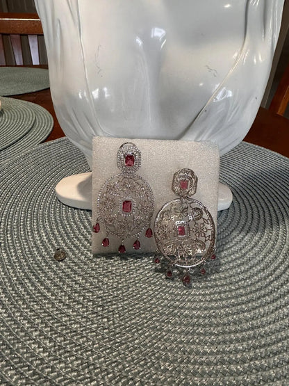 Red & Silver Oval CZ Statement Earrings – AAA Star-Cut Stones with 24CT Gold & Rhodium Plating Indian Fashions