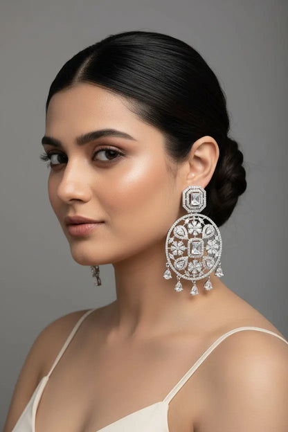Statement CZ Earrings-Silver - Deepika's Adornments