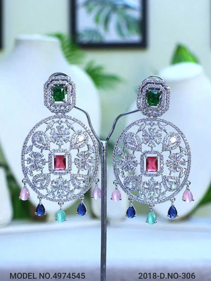 Multicolor Oval CZ Statement Earrings – AAA Star-Cut Stones with 24CT Gold & Rhodium Plating Indian Fashions