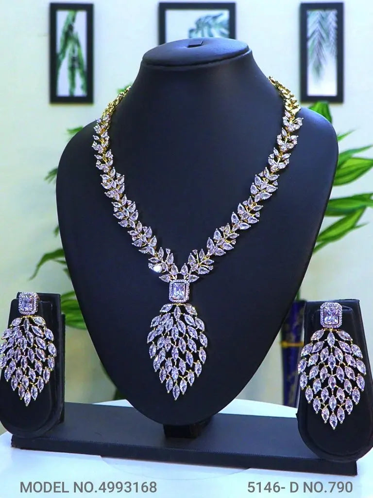 CZ Statement Necklace Set with Oval Earrings – 24CT Gold & Rhodium Plated Indian Fashions