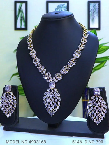CZ Statement Necklace Set with Oval Earrings – 24CT Gold & Rhodium Plated Indian Fashions