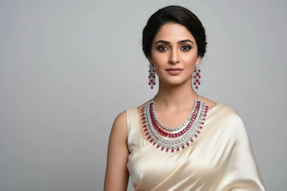 Statement CZ Necklace Set-Red - Deepika's Adornments