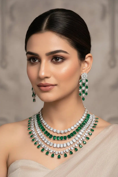 Statement CZ Necklace Set-Green - Deepika's Adornments