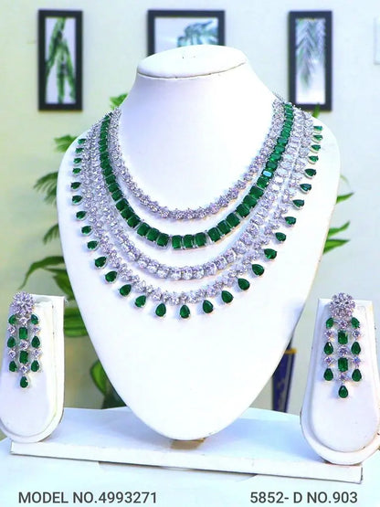 CZ Necklace Set-Statement-Green Indian Fashions
