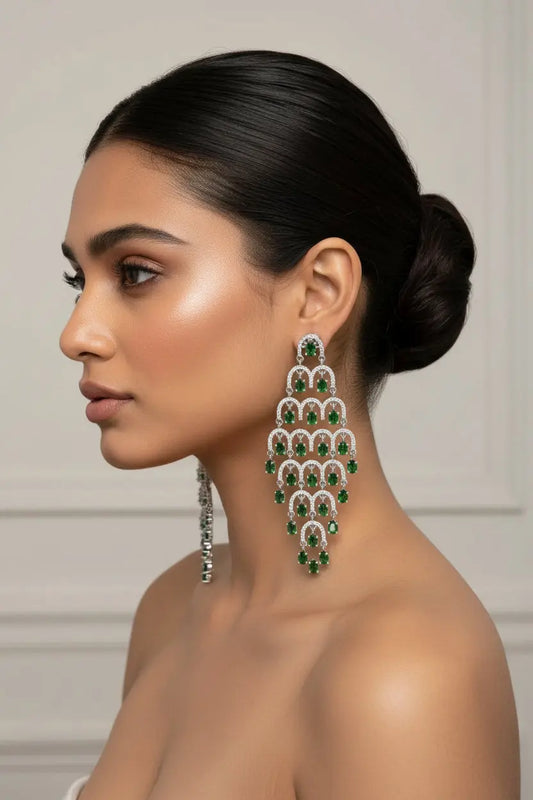 Statement CZ Earrings-Green - Deepika's Adornments