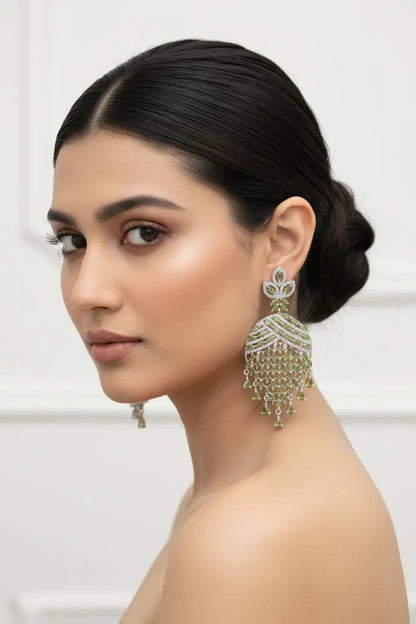Statement CZ Earrings-Mehndi Green - Deepika's Adornments