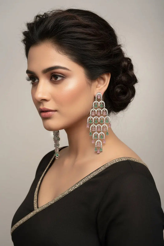 Statement CZ Earrings-Mint and Pink - Deepika's Adornments