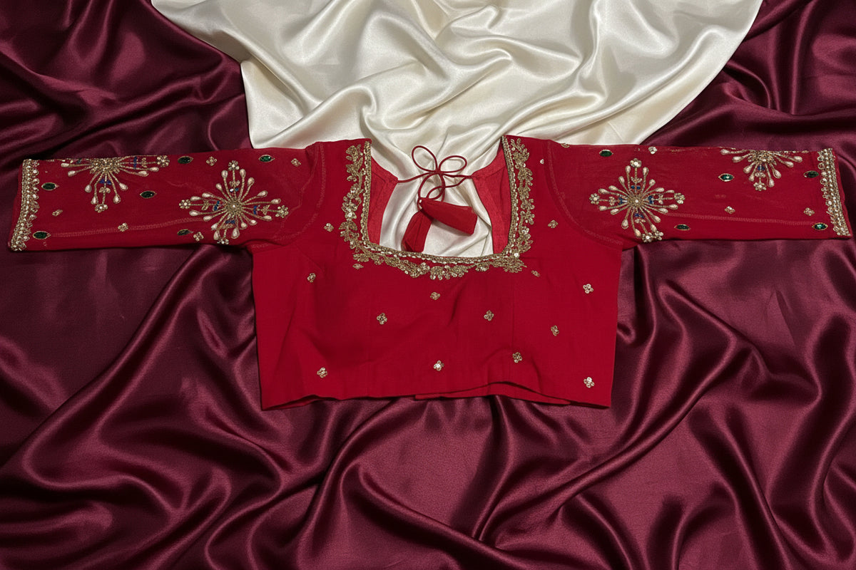 Red Saree with heavy hand work of sequins, pearls, cutdana, dabka work and green stonework Maha Collection