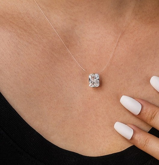 Dainty 925 Silver Emerald Cut Dangling Necklace