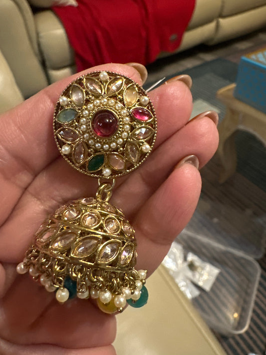 Multicolour Navratna-Style Jhumka Earrings – CZ Flower Stud with Polki-Look Dome & Mixed Bead Drops | Fashion Jewellery Nikhar Jewelry