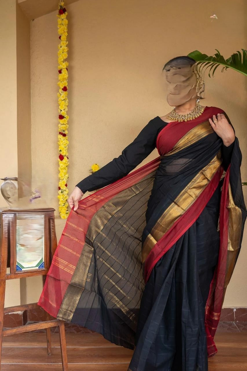 Cotton Saree with contrast border Black Red and Gold
