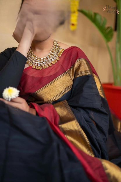 Cotton Saree with contrast border Black Red and Gold
