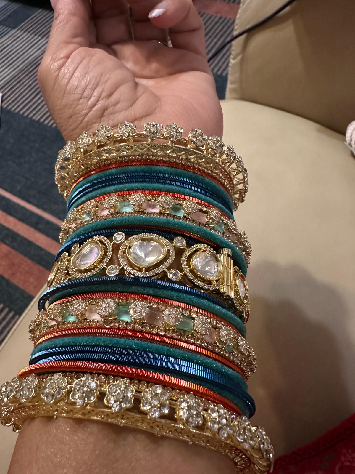 Bridal Kundan Bangle Set for Both Hands - Gold CZ Karas with Silk Thread Bangles Deepika's Adornments