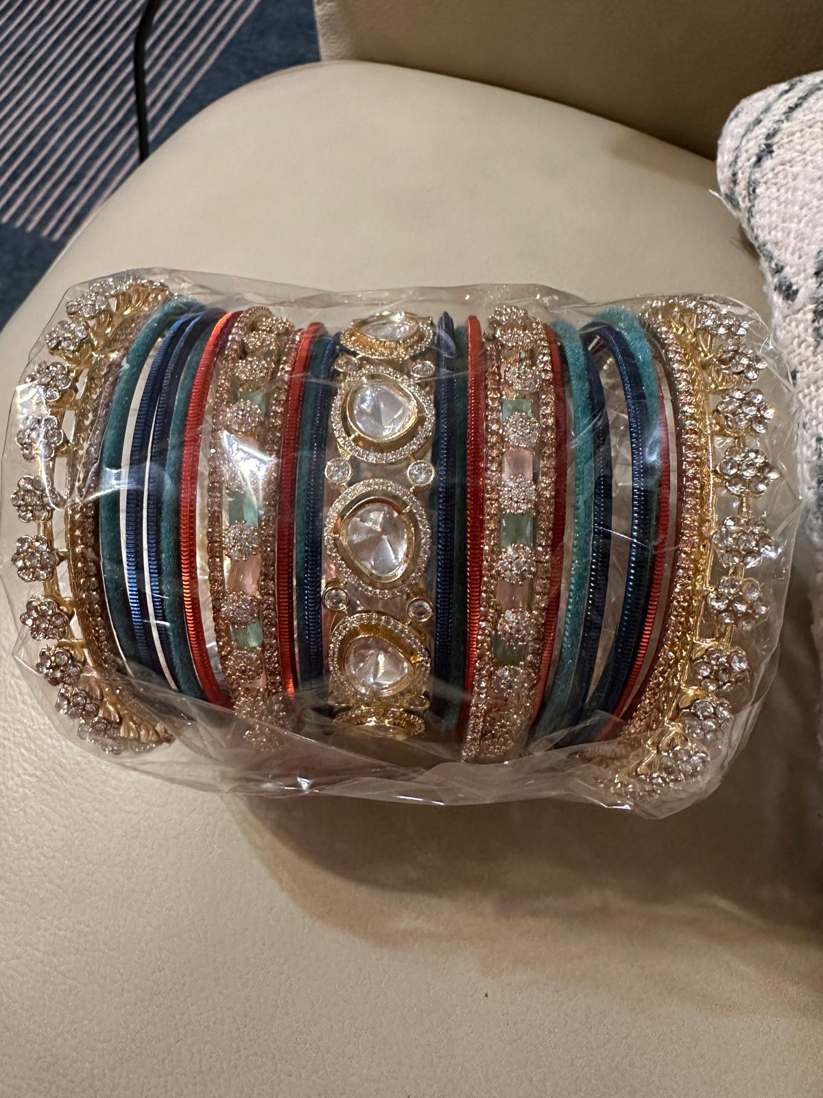 Bridal Kundan Bangle Set for Both Hands - Gold CZ Karas with Silk Thread Bangles Deepika's Adornments
