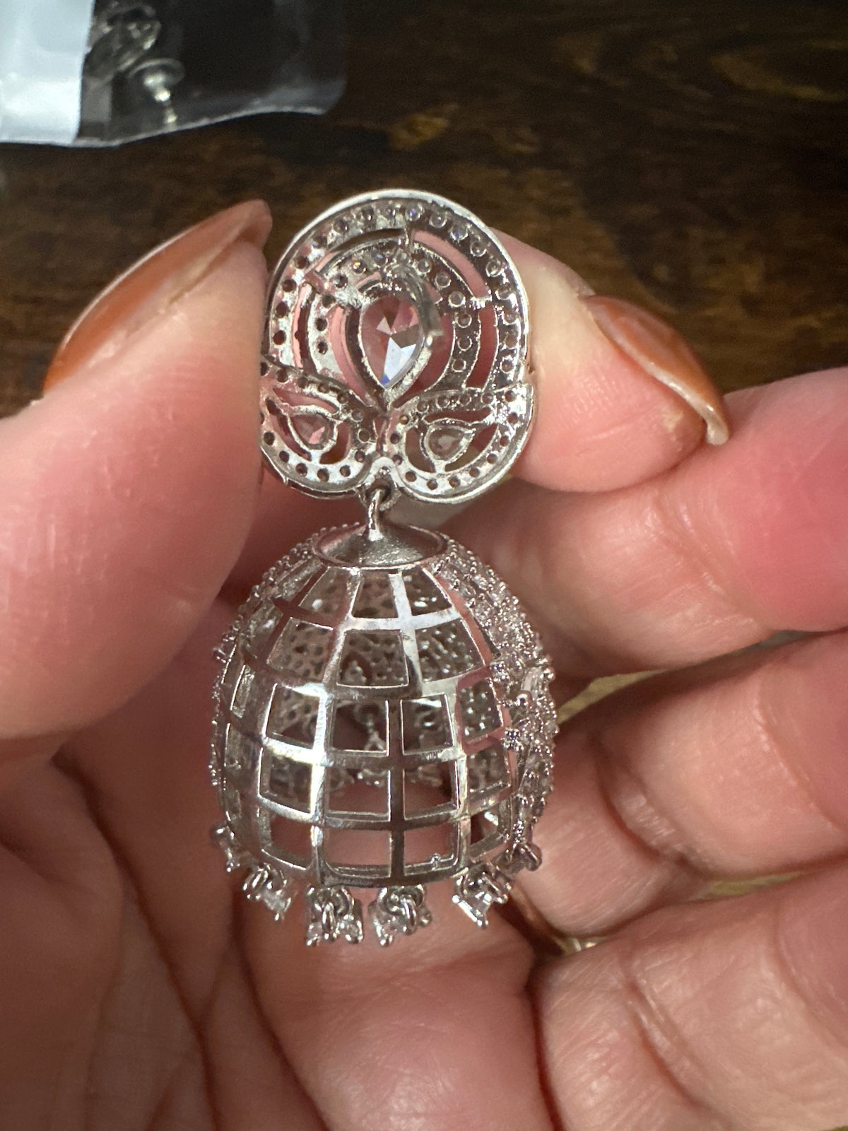 Silver AD Jhumka Earrings – Full CZ Pavé Dome Jhumki with Pear-Cut Stud Top & Crystal Drops Nikhar Jewelry