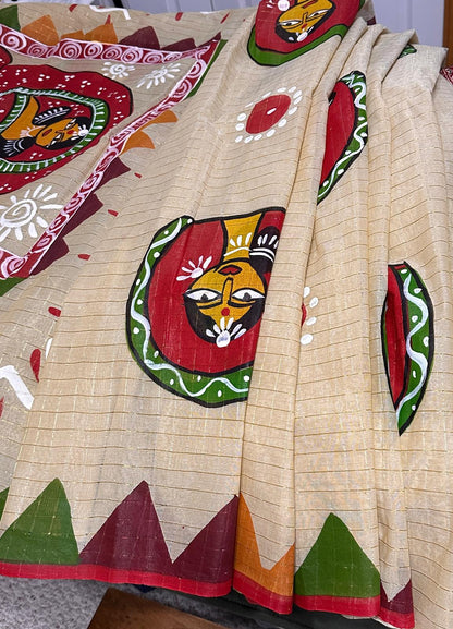 Bengali Dark Beige Pure Dhone Khali Tant Handprint saree