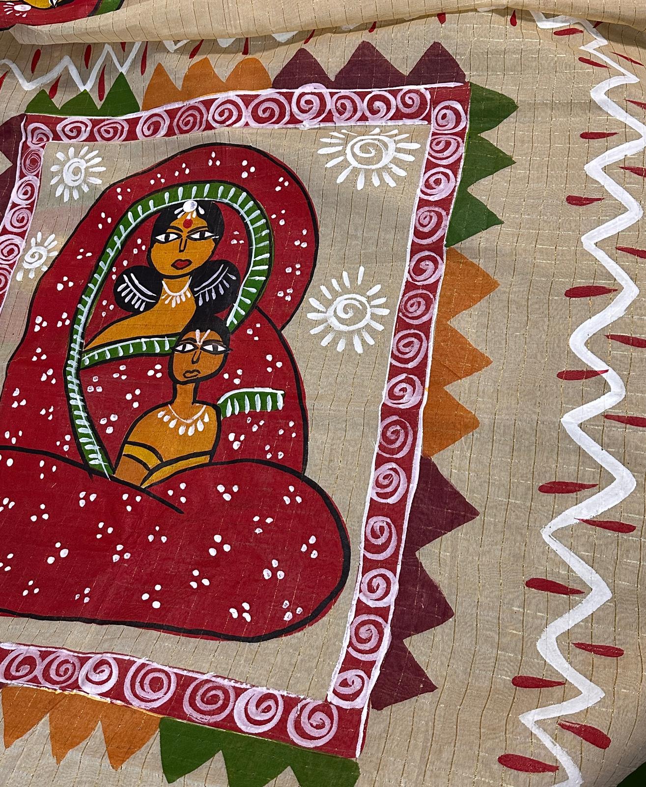 Bengali Dark Beige Pure Dhone Khali Tant Handprint saree