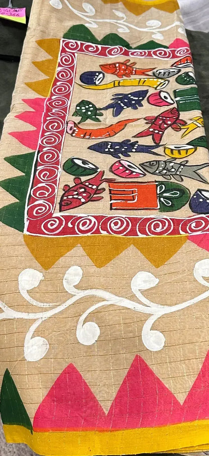 Bengali Hand Paint Beige Pure Dhonekhali Tant - Deepika's Adornments