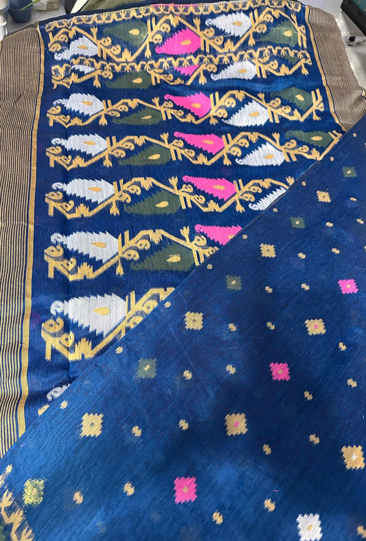 Bangali Jamdani Handweaved-Blue/white/pink