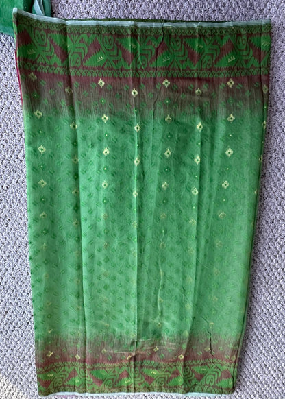Bengal Handloom Jamdani Neon Green and Red