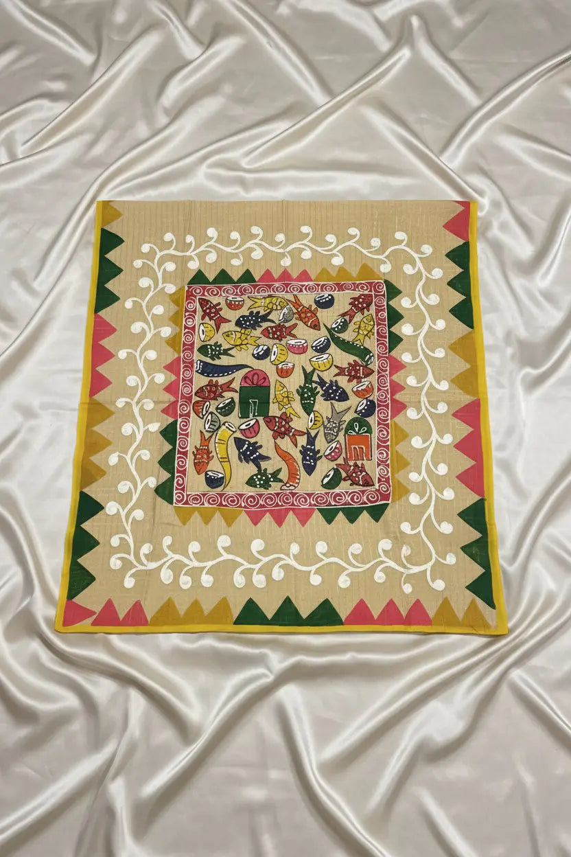 Dhonekhali Tant Saree - Hand Painted Beige Dipannita Handloom
