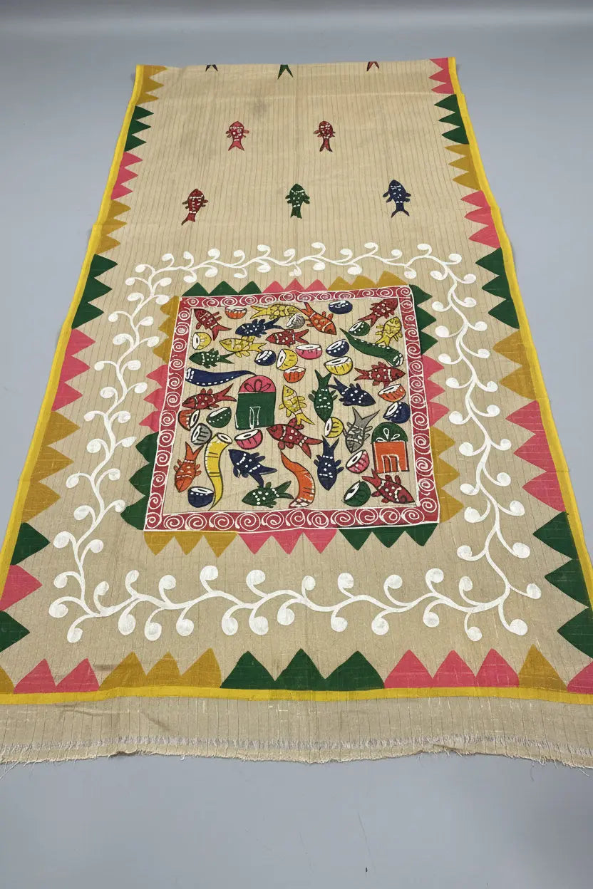 Dhonekhali Tant Saree - Hand Painted Beige Dipannita Handloom