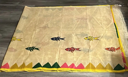 Dhonekhali Tant Saree - Hand Painted Beige Dipannita Handloom