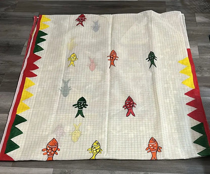 Dhonekhali Tant Saree - Hand Painted Off-White with Zari Dipannita Handloom