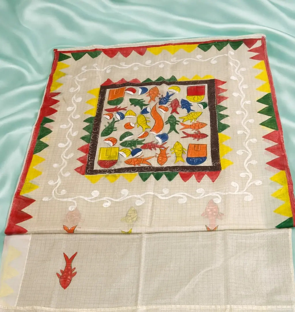 Dhonekhali Tant Saree - Hand Painted Off-White with Zari Dipannita Handloom