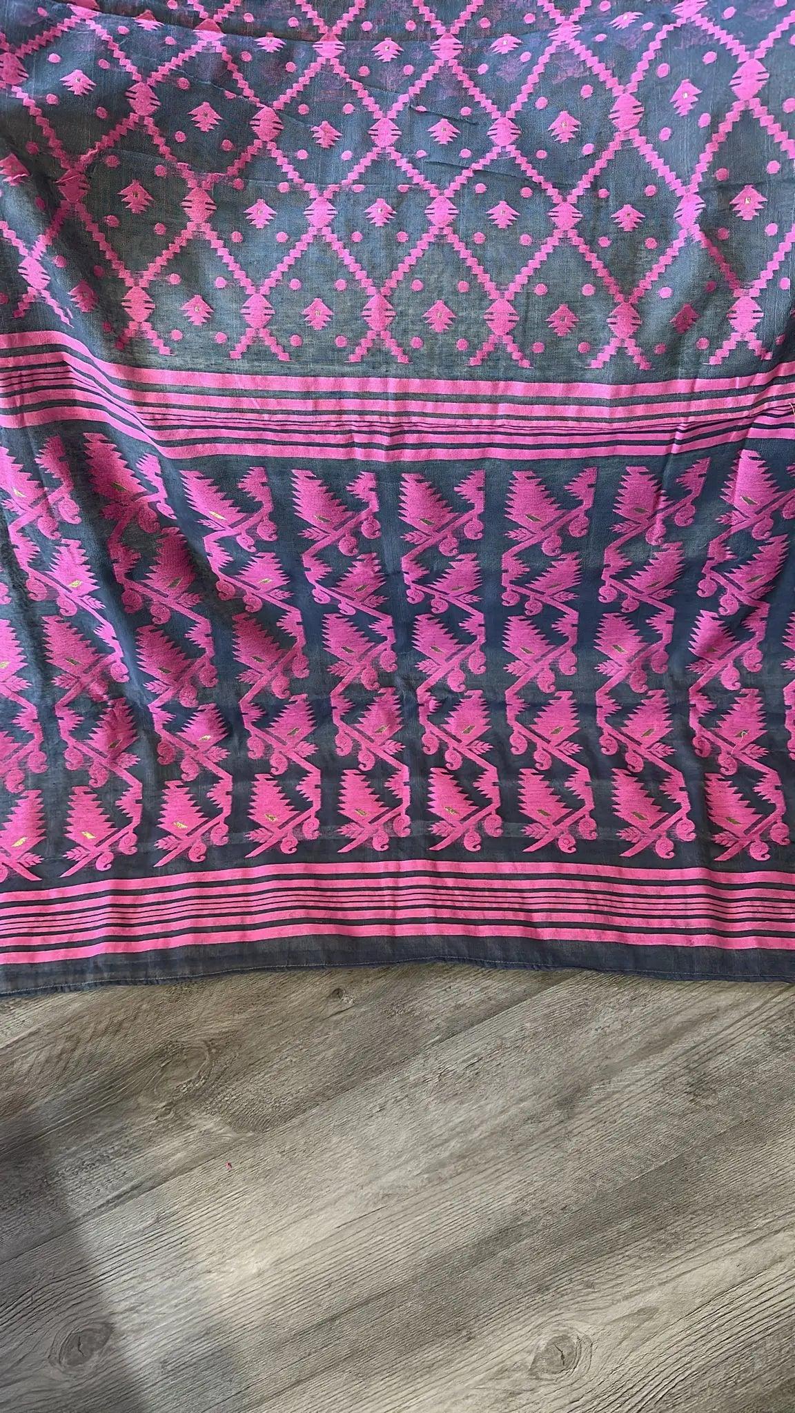 Bengal Handloom Jamdani Saree - Grey and Pink with Gold Zari Booties Dipannita Handloom