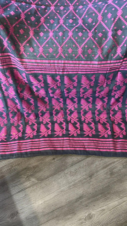 Bengal Handloom Jamdani Saree - Grey and Pink with Gold Zari Booties Dipannita Handloom