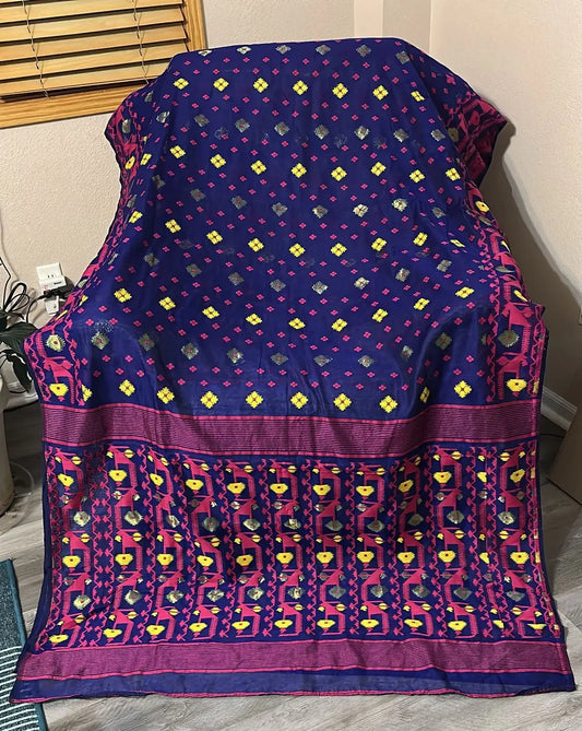Bengal Handloom Jamdani Saree - Dark Purple and Fuchsia Dipannita Handloom