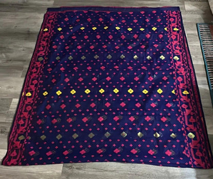 Bengal Handloom Jamdani Saree - Dark Purple and Fuchsia Dipannita Handloom