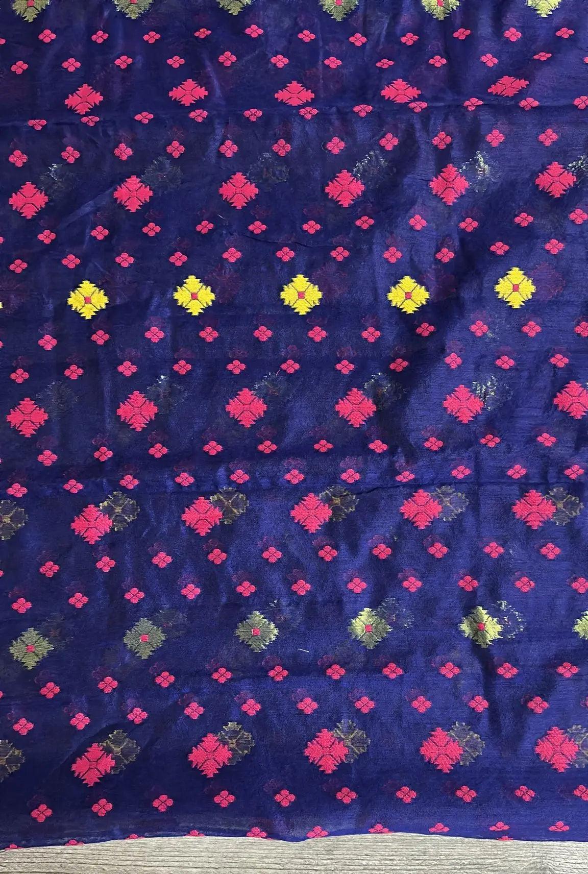Bengal Handloom Jamdani Saree - Dark Purple and Fuchsia Dipannita Handloom