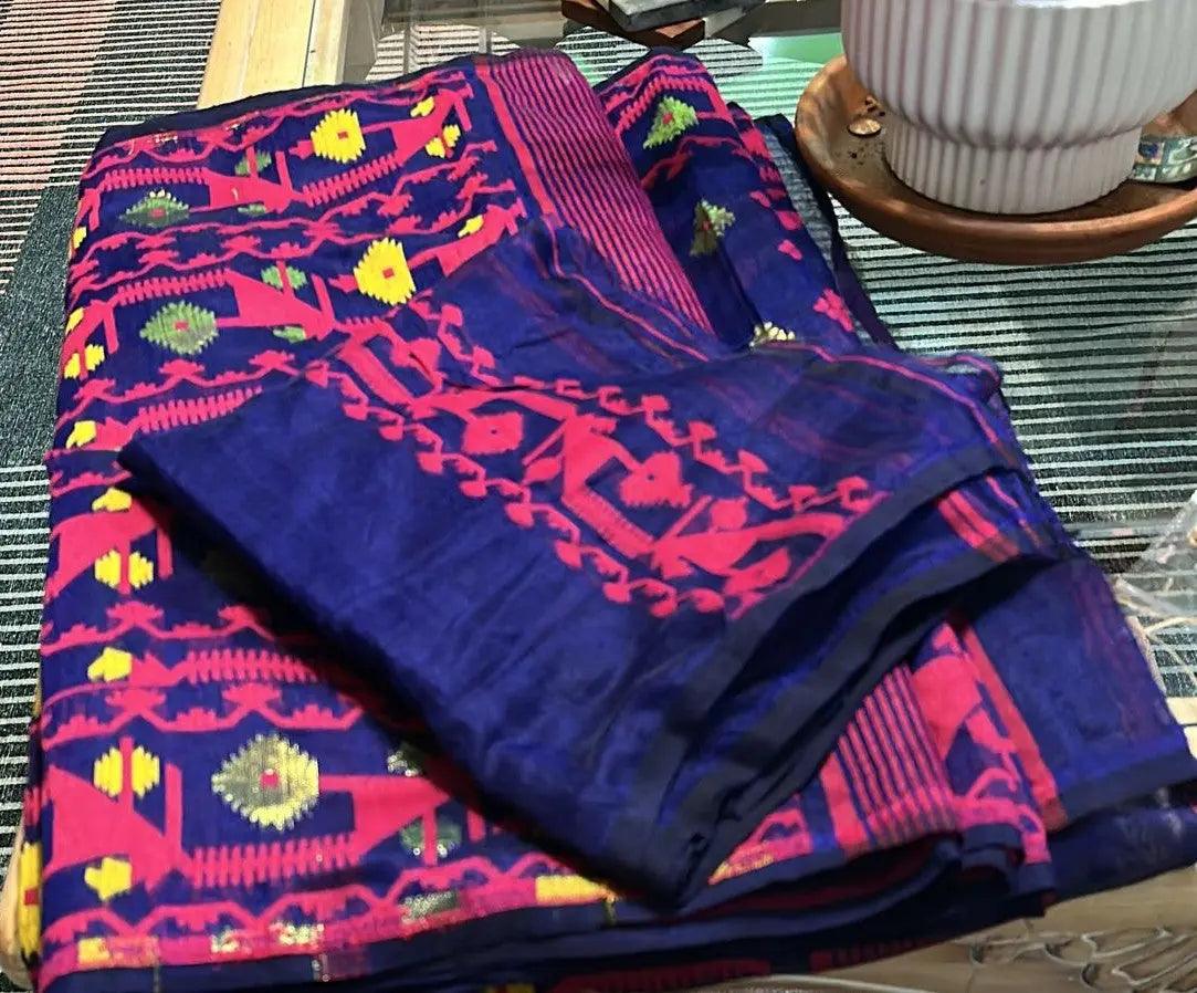 Bengal Handloom Jamdani Saree - Dark Purple and Fuchsia Dipannita Handloom